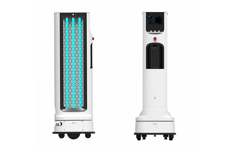 因應當前疫情需求，LG主打「CLOi UVC Robot」，可自行偵測環境，以紫外線進行消毒。（圖為機器人正反面，LG提供）