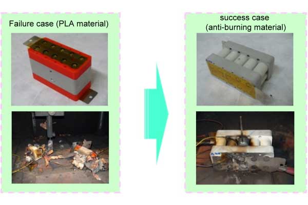 Failure case (PLA material) / success case (anti-burning material).