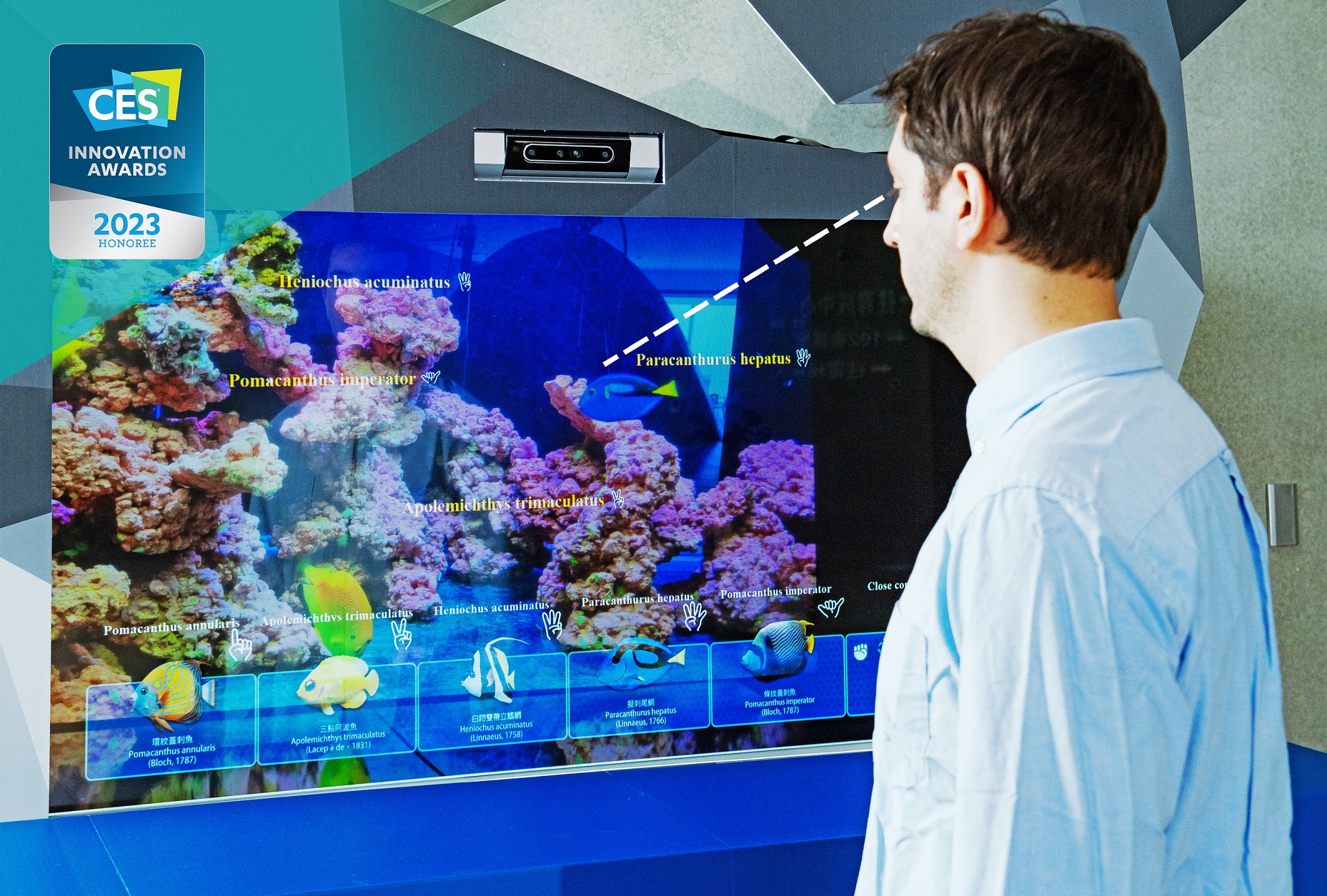 AI Aquarium enables gaze tracking and interactive information display of marine life information.